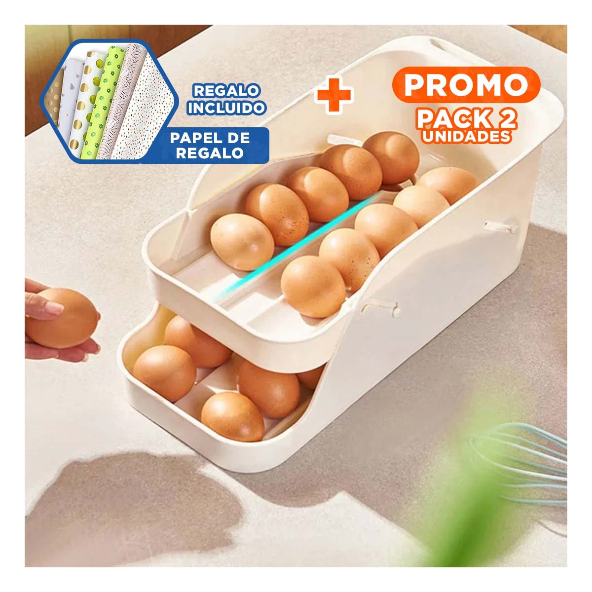 PACK2 ESTANTE MODERNO PARA HUEVOS Y LATAS 2 NIVELES BLANCO Y+PAPEL REGALO - 1