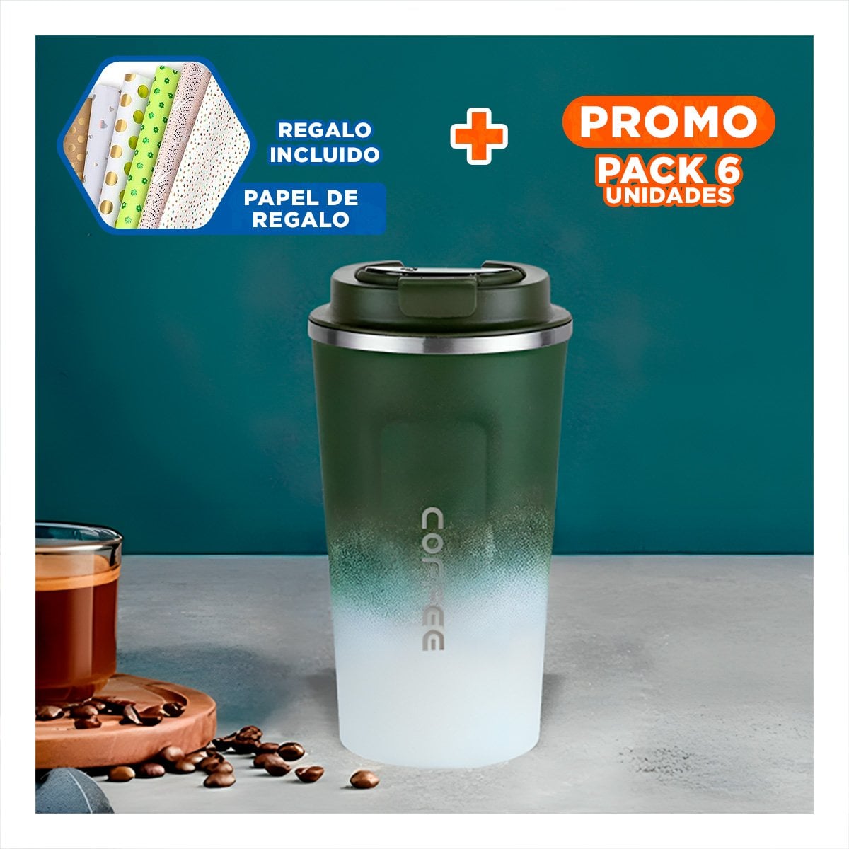 PACK6 COPA INTELIGENTE 510ML VERDE CON BLANCO DISEÑO MODERNO IDEAL PARA CAFÉ Y+PAPEL REGALO - 1