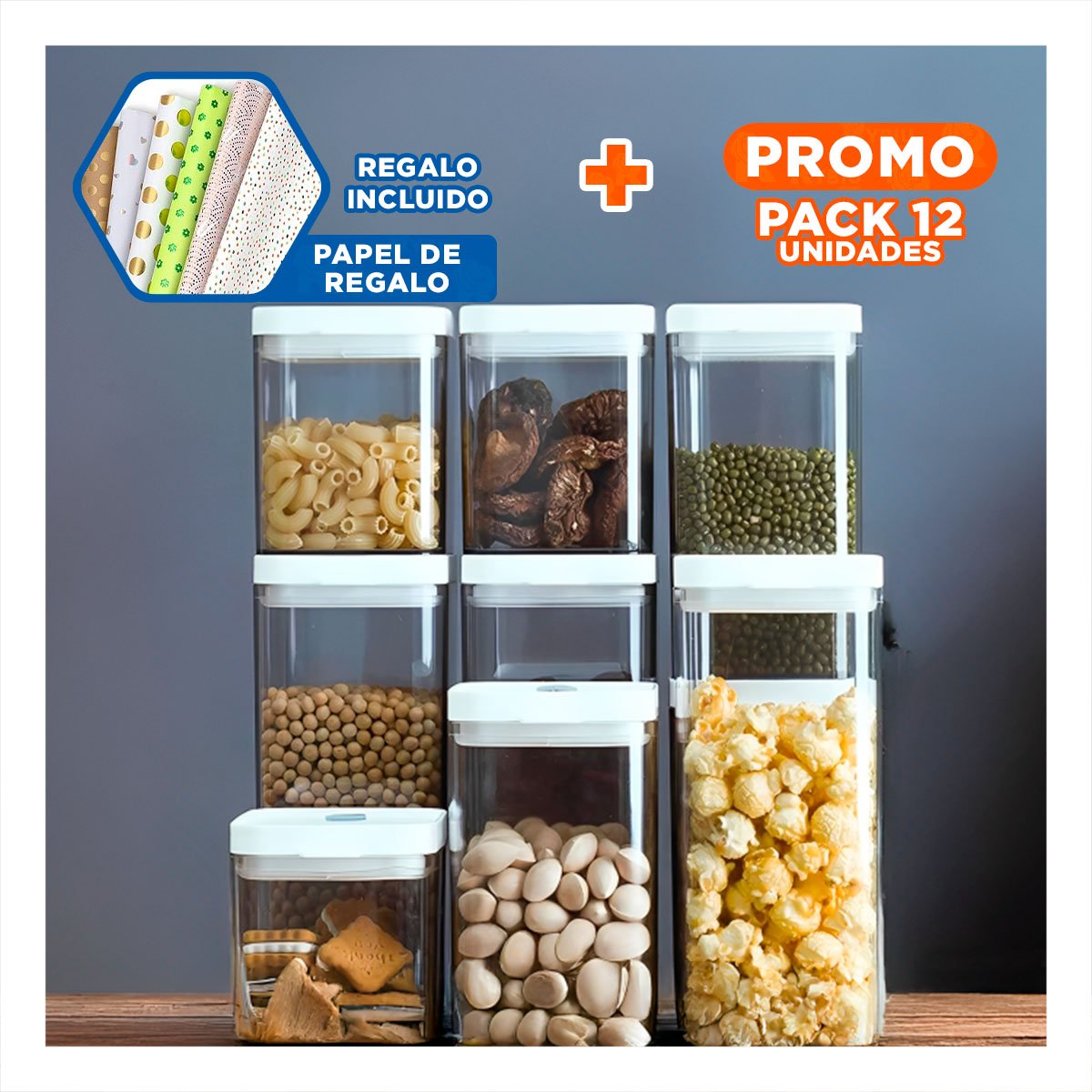 PACK12 CONTENEDOR ORGANIZADOR ALIMENTOS SECOS TAPA BLANCA PUNTO PLOMO 1500ML Y+PAPEL REGALO - 1