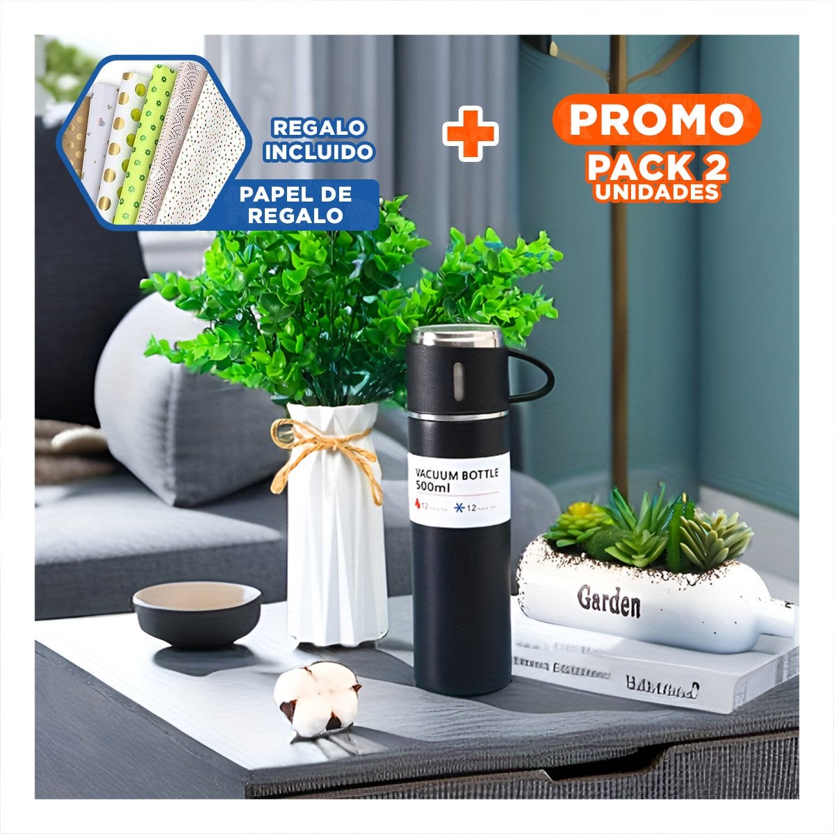 PACK2 RECIPIENTE DE VIAJE CON DOS TAZAS PARA BEBIDAS NEGRO Y+PAPEL REGALO - 1