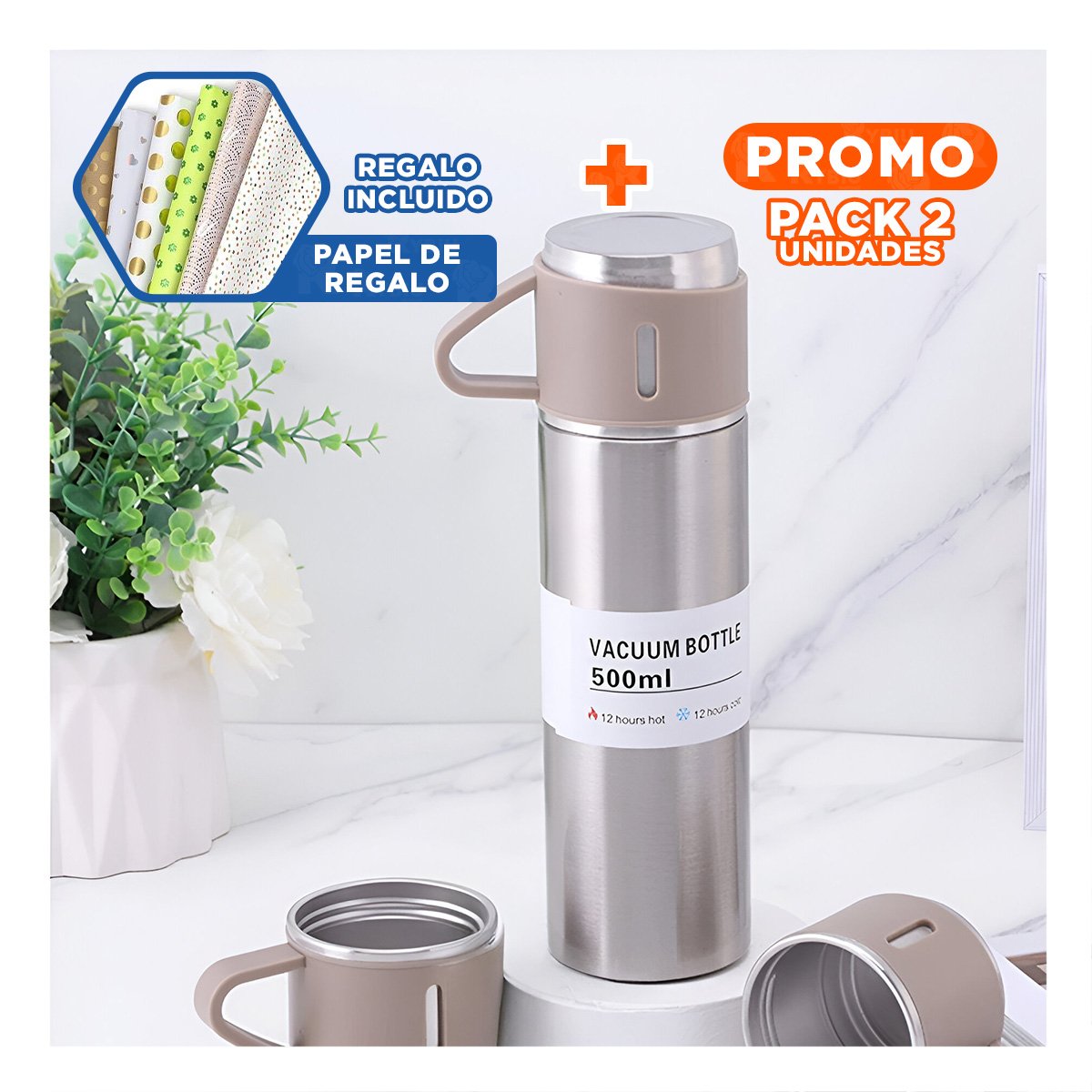 PACK2 RECIPIENTE TERMICO DURADERO CON DOS TAZAS PARA CAFE AZUL Y+PAPEL REGALO - 1