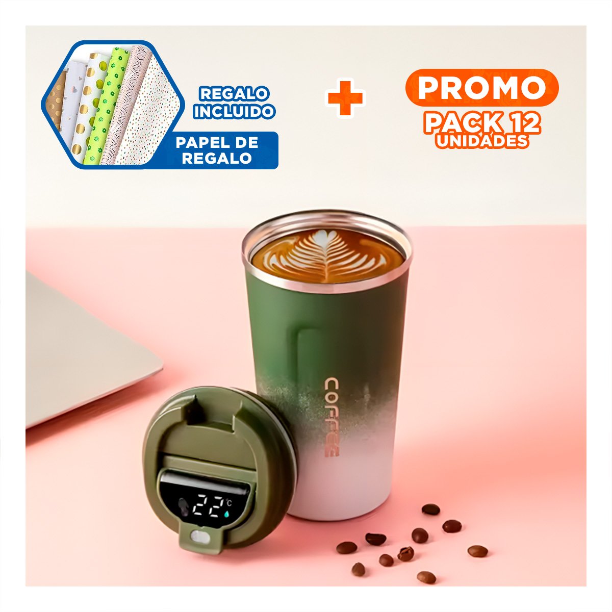 PACK12 VASIJA DIGITAL 510ML VERDE CON BLANCO PERFECTA PARA USO DIARIO Y VIAJES Y+PAPEL REGALO - 1
