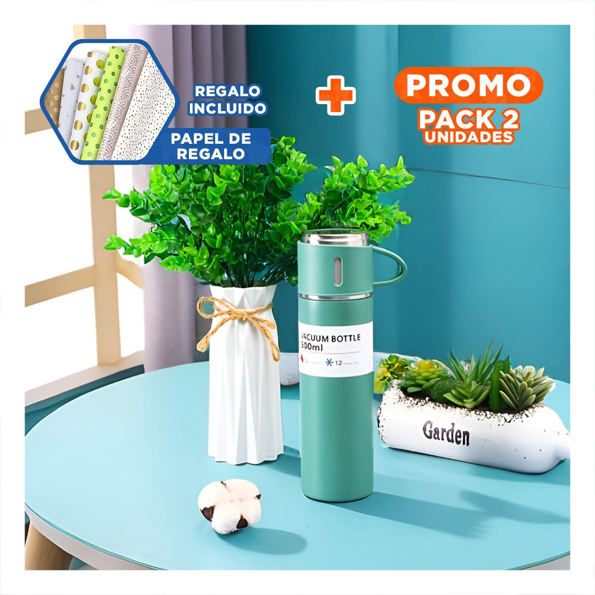 PACK2 RECIPIENTE DE VIAJE CON DOS TAZAS PARA CAFE VERDE Y+PAPEL REGALO - 1