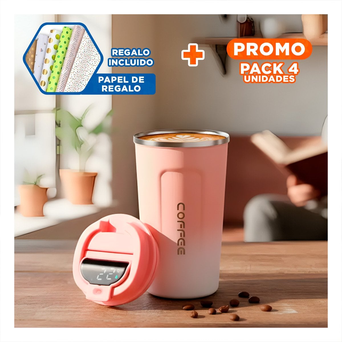 PACK4 SUMINISTRO DIGITAL 510ML ROSADO CON BLANCO MANTIENE BEBIDAS Y+PAPEL REGALO - 1