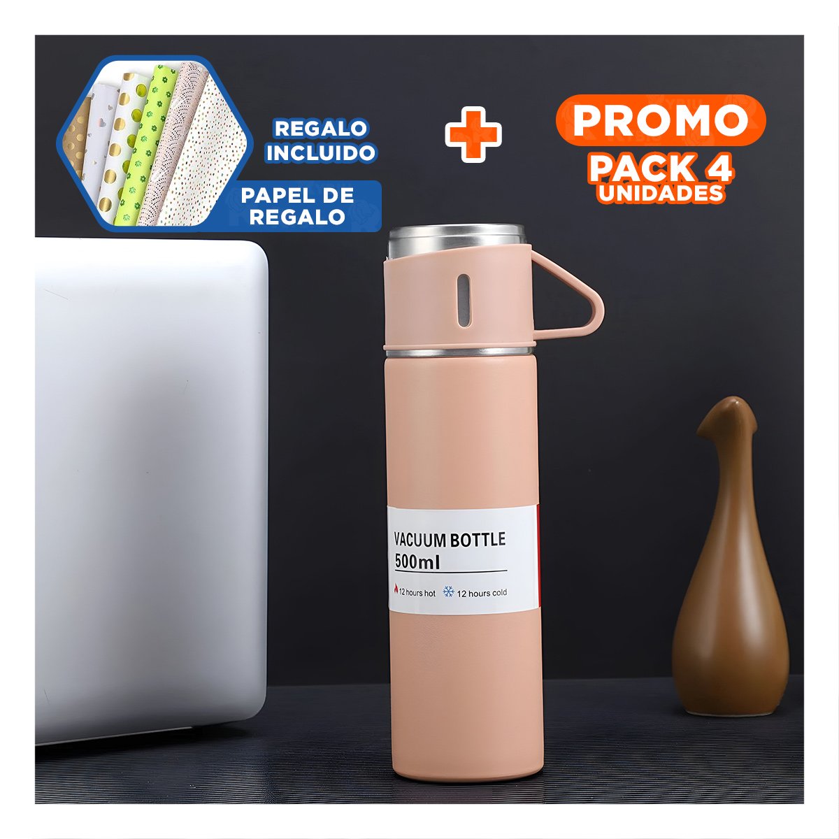 PACK4 JARRA MODERNA INDIVIDUAL CON DOS TAZAS PARA OFICINA ROSADO Y+PAPEL REGALO - 1