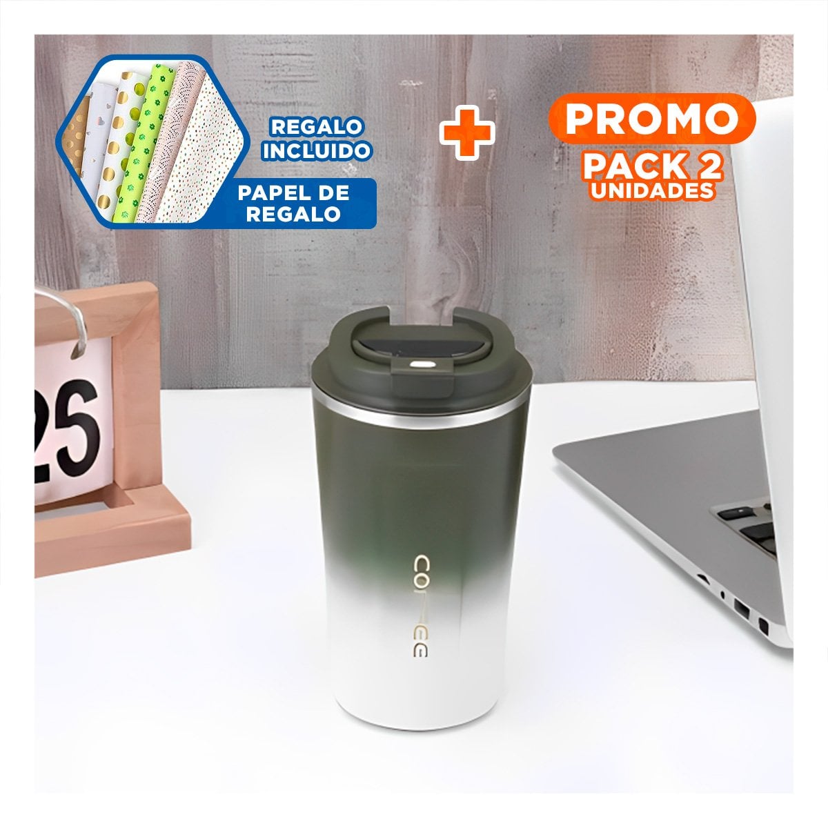 PACK2 JARRA DIGITAL 510ML VERDE CON BLANCO MANTIENE BEBIDAS CALIENTES Y FRÍAS Y+PAPEL REGALO - 1