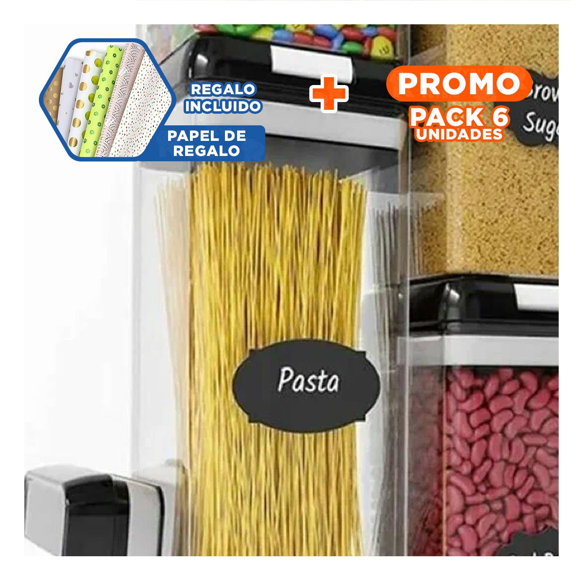 PACK6 CUBETA ACRILICO ORGANIZADOR HARINAS TAPA PALANCA NEGRO 1900ML Y+PAPEL REGALO - 1