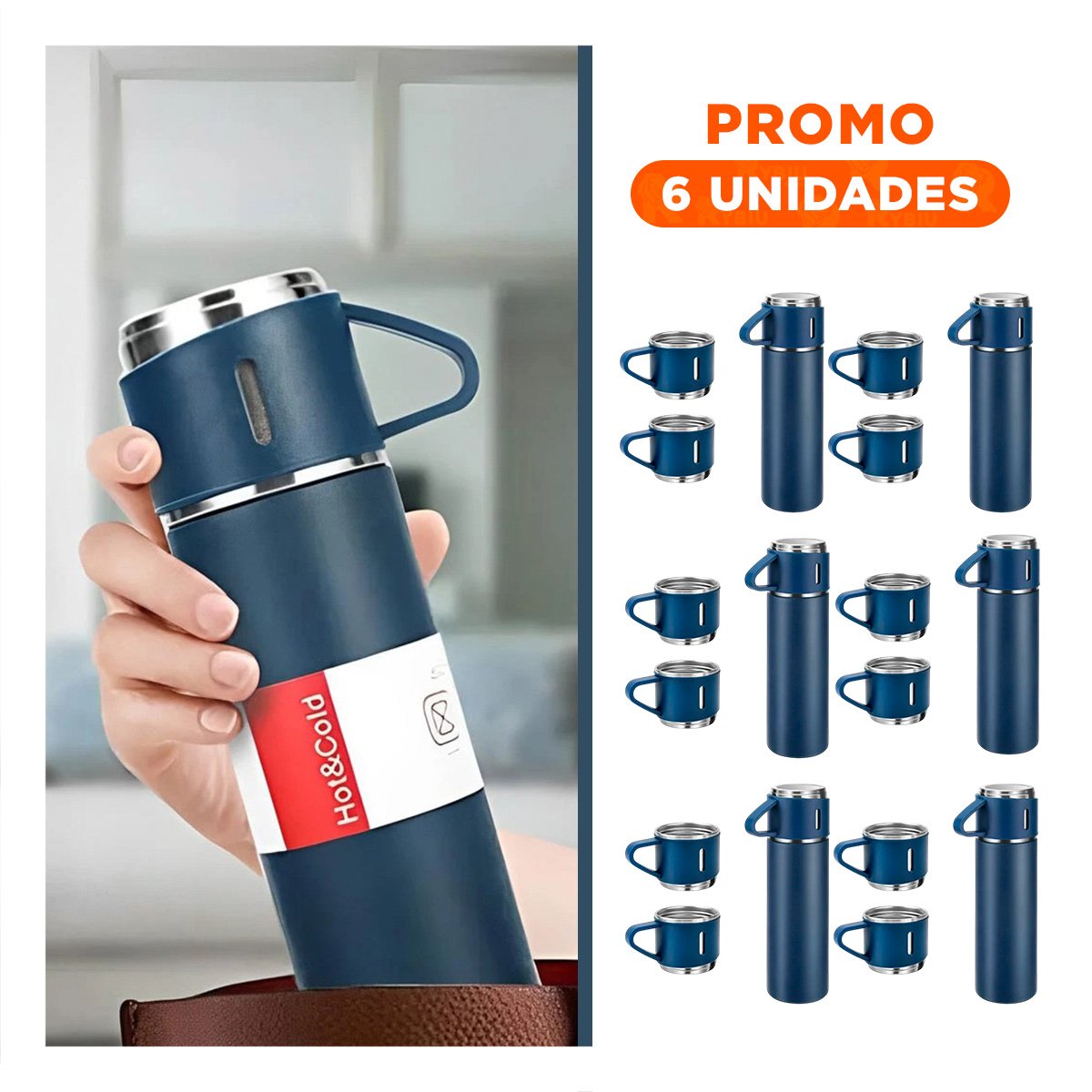 PACK6 RECIPIENTE TERMICO SEGURO CON DOS TAZAS PARA CAFE AZUL - 1
