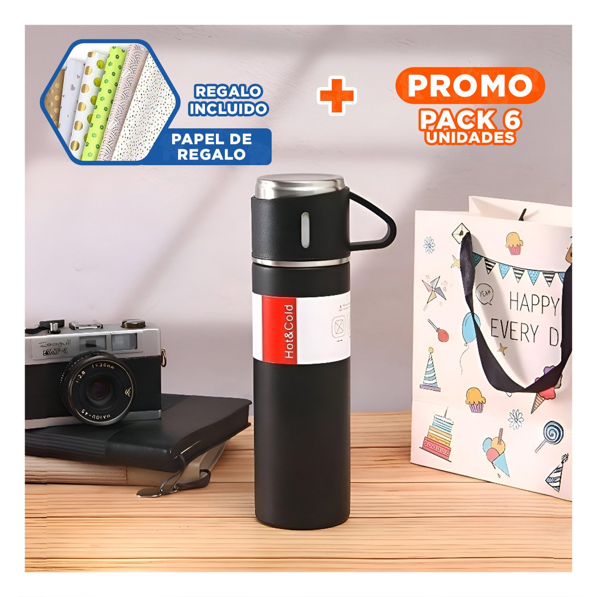 PACK6 CONTENEDOR MODERNO CON DOS TAZAS PARA USO EN HOGAR NEGRO Y+PAPEL REGALO - 1