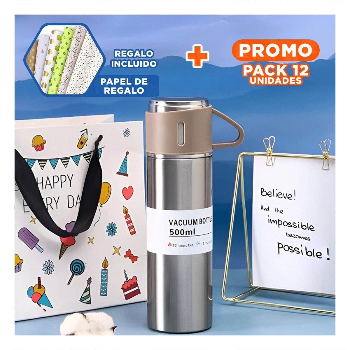 PACK12 CANTIMPLORA TERMICA PRACTICA CON DOS TAZAS PARA VIAJES AZUL Y+PAPEL REGALO - 1