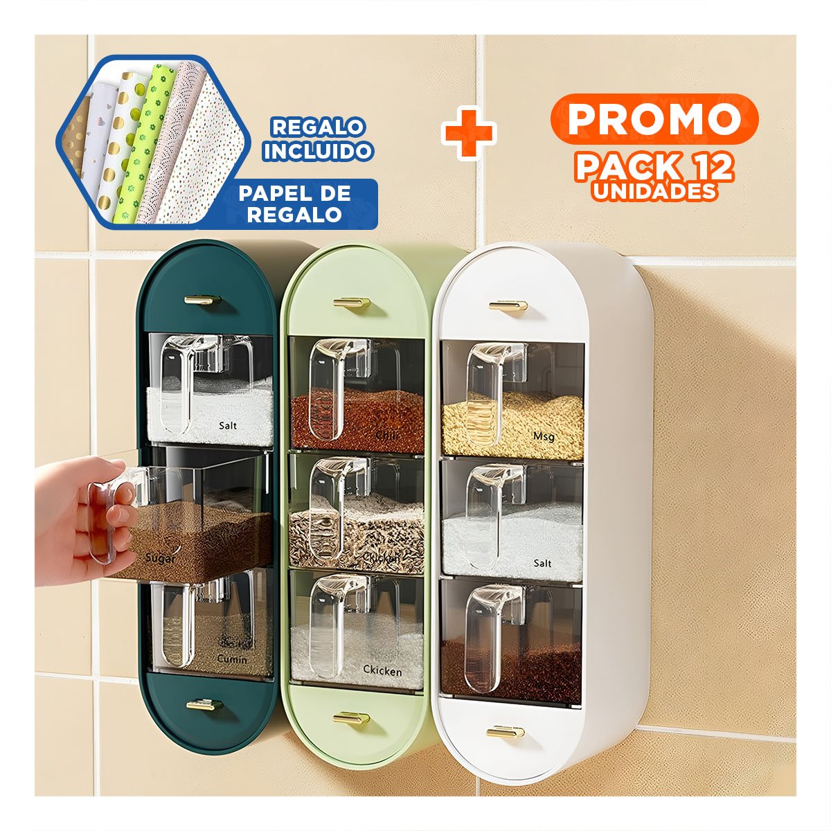 PACK12 GABINETE EMPOTRABLE DE CONDIMENTOS PARA COCINA EN COLOR BLANCO Y+PAPEL REGALO - 1