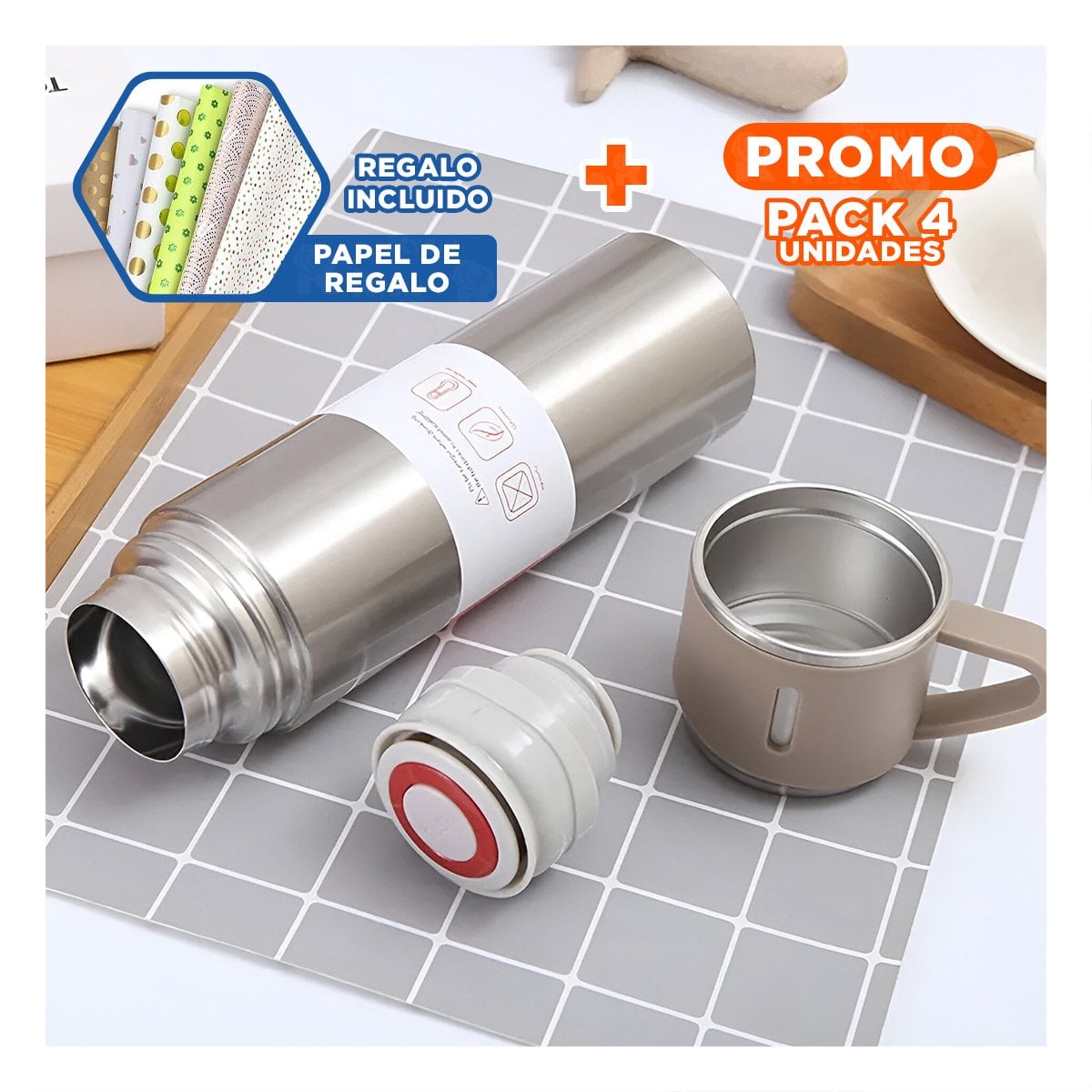 PACK4 BOTELLA TERMICA SEGURA CON DOS TAZAS PARA OFICINA AZUL Y+PAPEL REGALO - 1