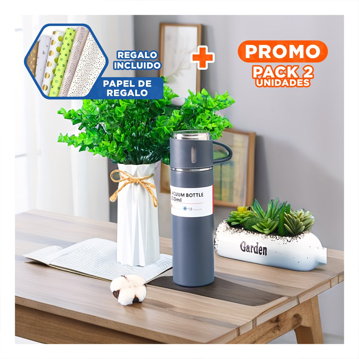 PACK2 RECIPIENTE DE VIAJE CON DOS TAZAS PARA CAFE PLOMO Y+PAPEL REGALO - 1