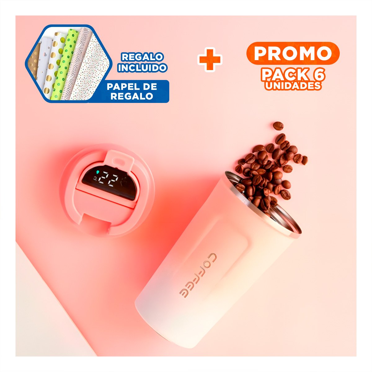 PACK6 SUMINISTRO DIGITAL 510ML ROSADO CON BLANCO MANTIENE CAFÉ Y+PAPEL REGALO - 1