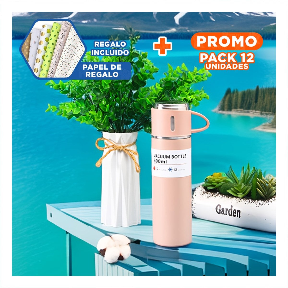 PACK12 TERMO PRACTICO CON DOS TAZAS PARA BEBIDAS CALIENTES ROSADO Y+PAPEL REGALO - 1