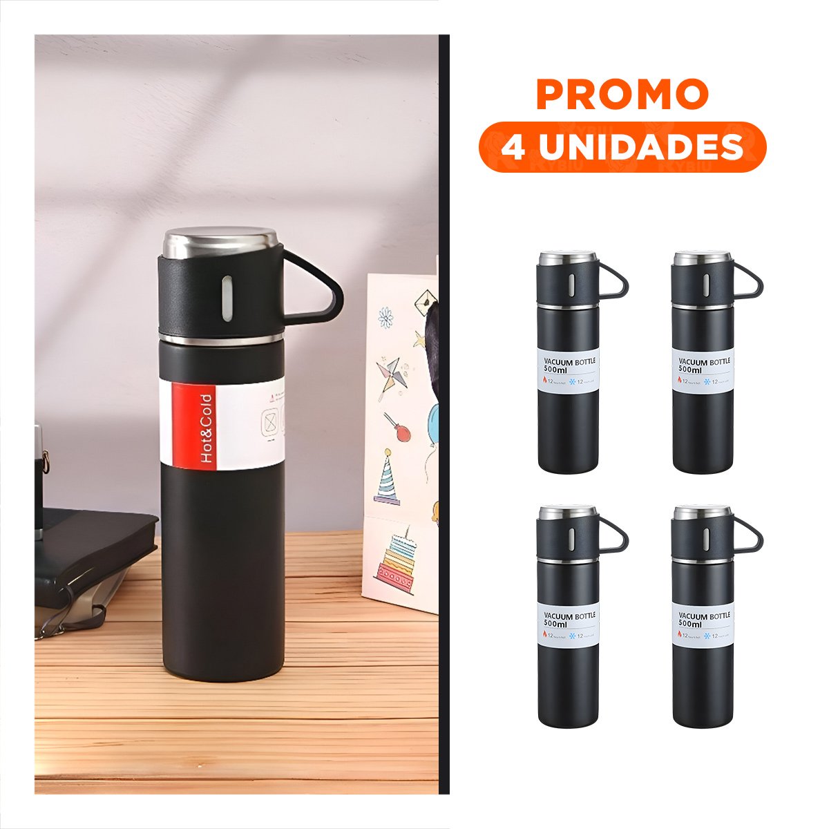 PACK4 BOTELLA MODERNA CON DOS TAZAS PARA VIAJES Y PASEOS NEGRO Y+REGALO STICKER - 1