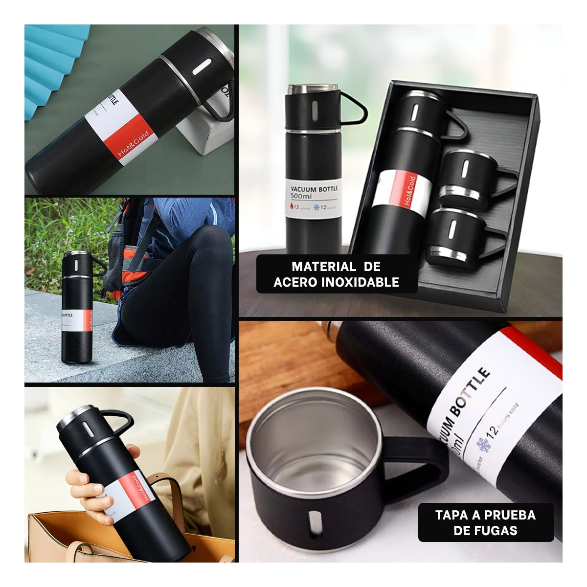 PACK4 BOTELLA MODERNA CON DOS TAZAS PARA VIAJES Y PASEOS NEGRO Y+REGALO STICKER - 2