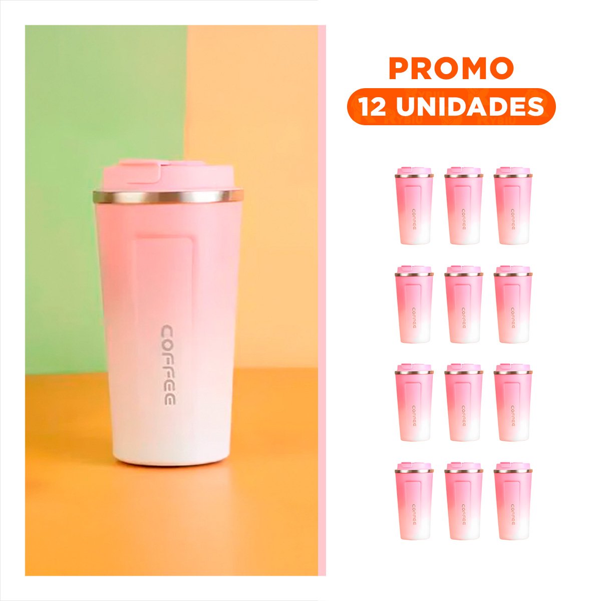 PACK12 ENVASE INTELIGENTE 510ML ROSADO CON BLANCO MANTIENE BEBIDAS CALIENTES Y+REGALO STICKER - 1