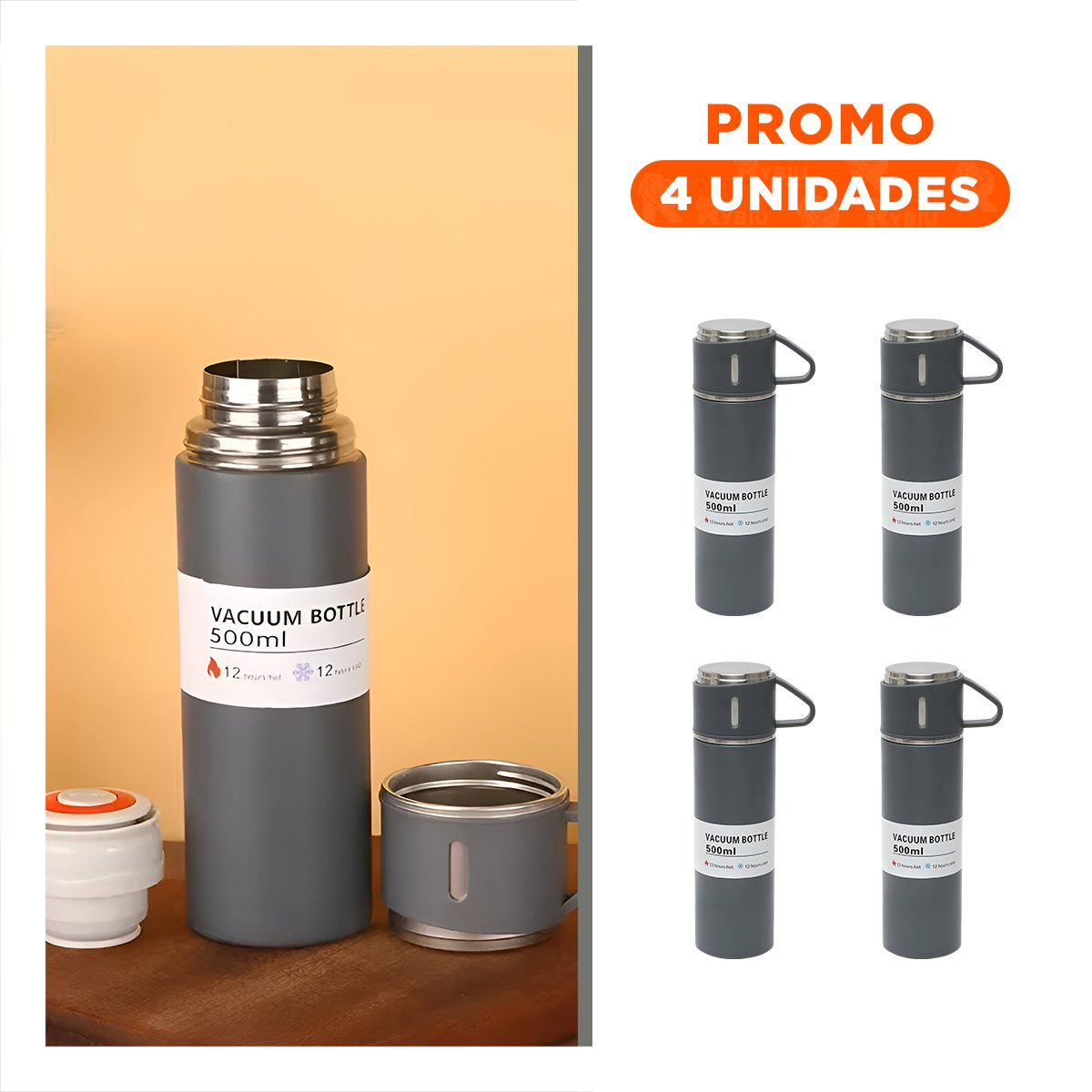 PACK4 BOTELLA MODERNA CON DOS TAZAS PARA VIAJE PLOMO Y+REGALO STICKER - 1