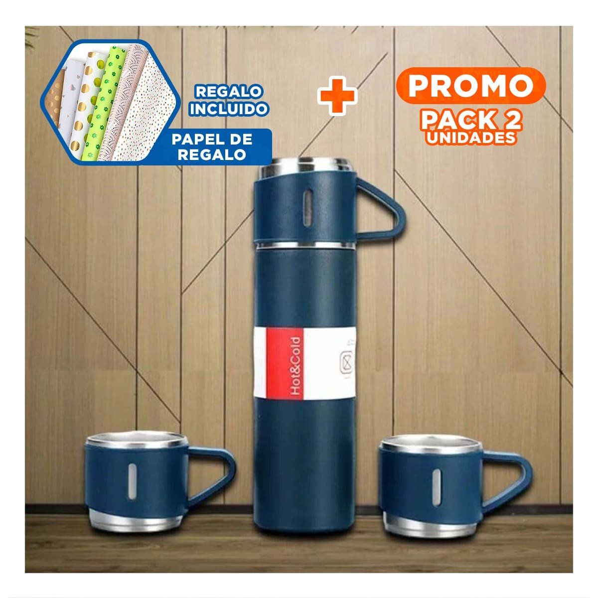 PACK2 RECIPIENTE TERMICO DURADERO CON DOS TAZAS PARA CAFE AZUL Y+PAPEL REGALO - 1