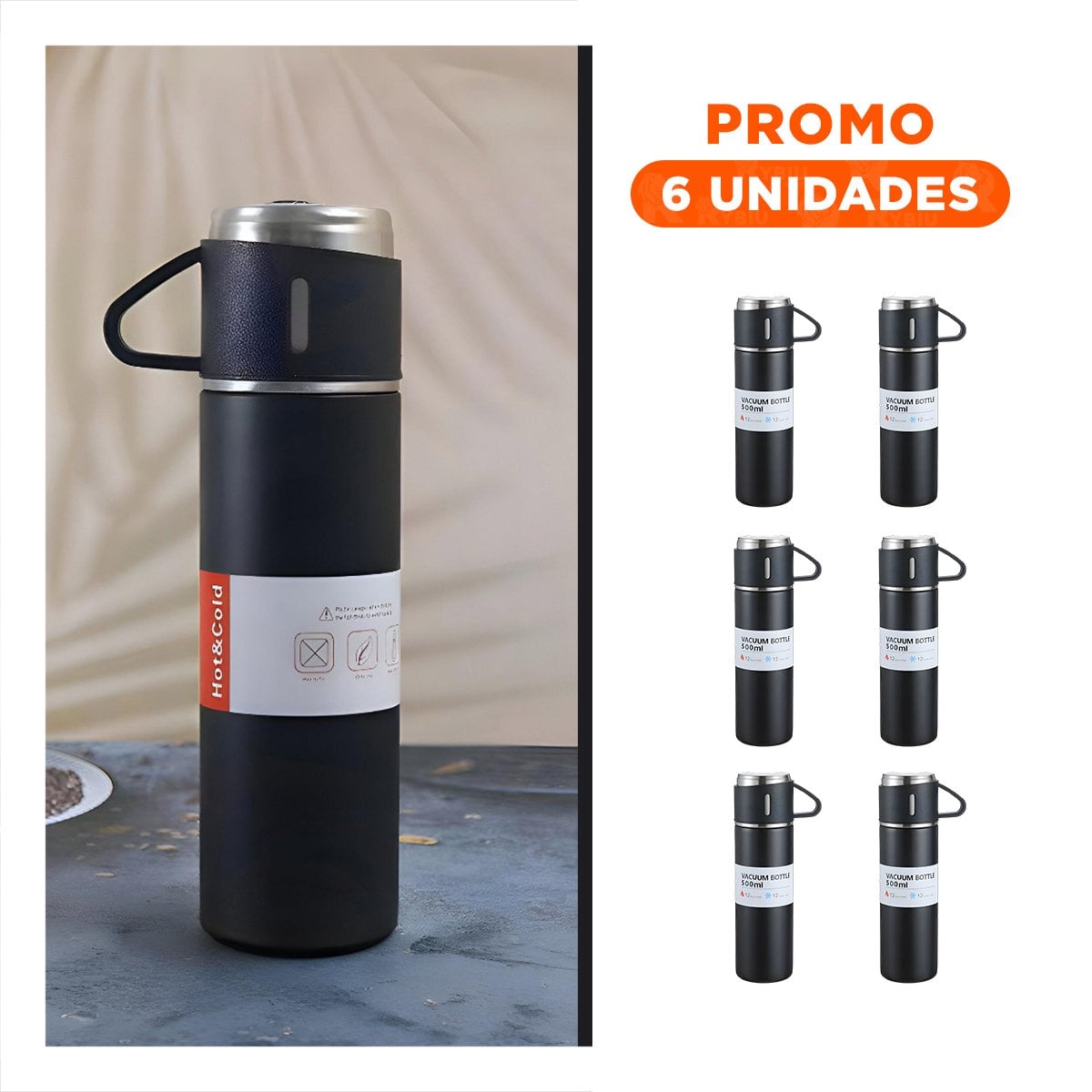 PACK6 FRASCO MODERNO INDIVIDUAL CON DOS TAZAS PARA CAFE DIARIO NEGRO - 1