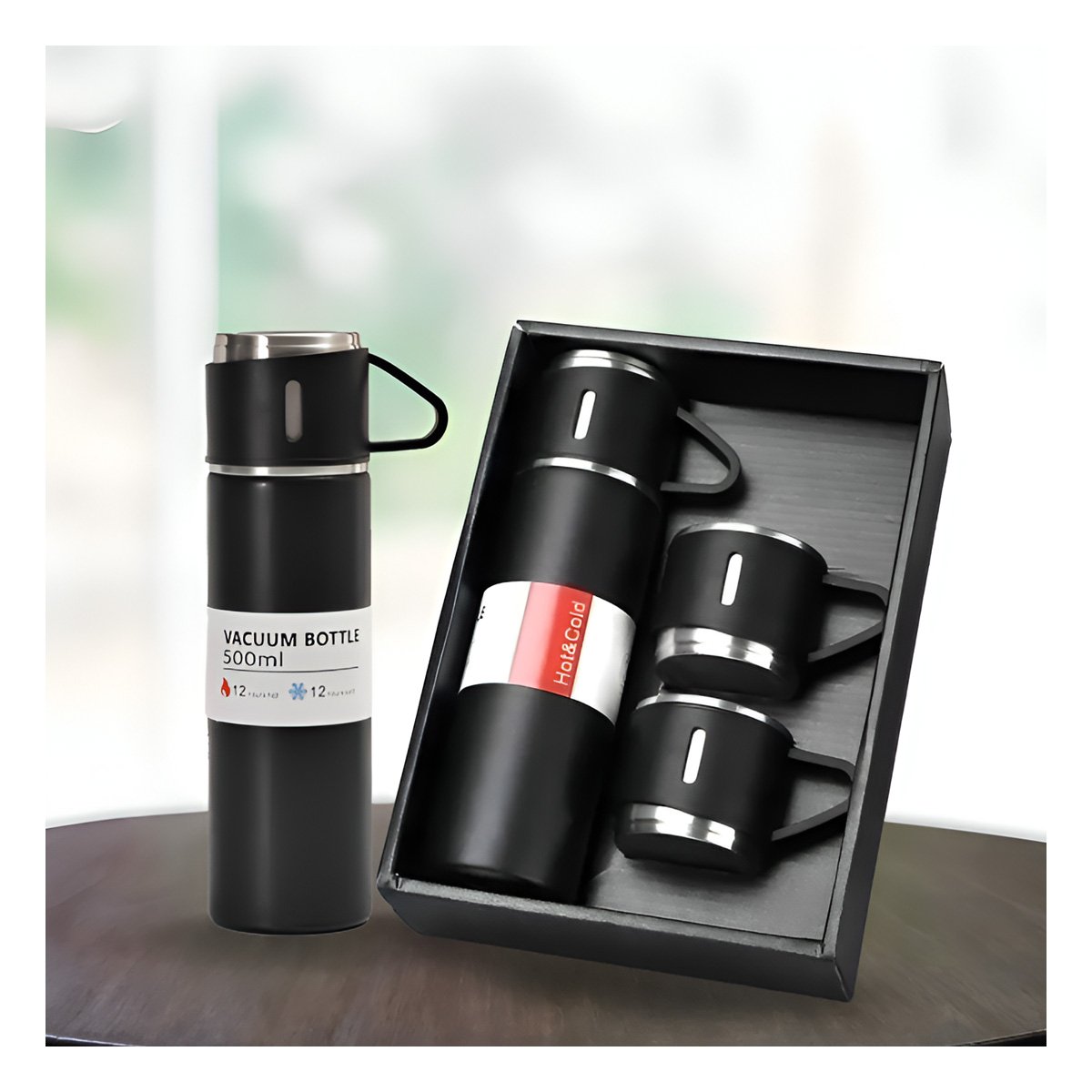PACK6 FRASCO MODERNO INDIVIDUAL CON DOS TAZAS PARA CAFE DIARIO NEGRO - 5