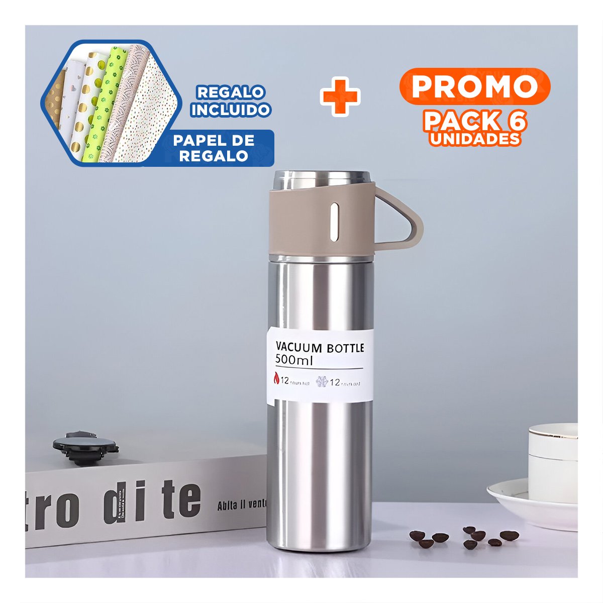 PACK6 FRASCO TERMICO SEGURO CON DOS TAZAS PARA HOGAR AZUL Y+PAPEL REGALO - 1