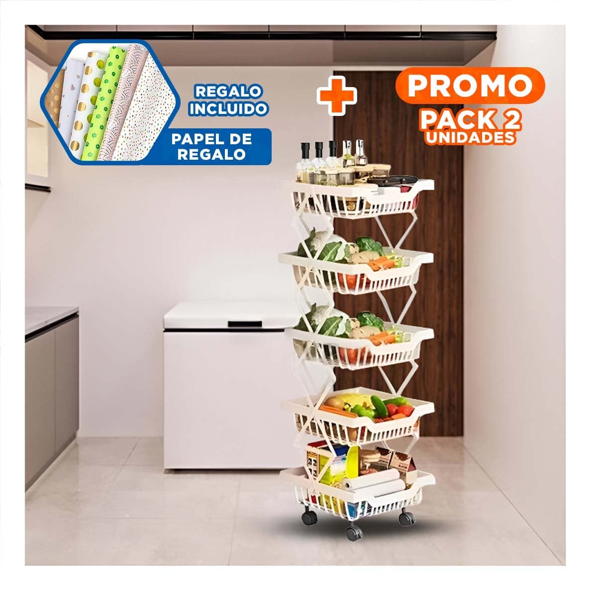 PACK2 VERDULERO 5 PISOS EN ACERO INOXIDABLE COLOR BLANCO PARA USO CONSTANTE Y+PAPEL REGALO - 1
