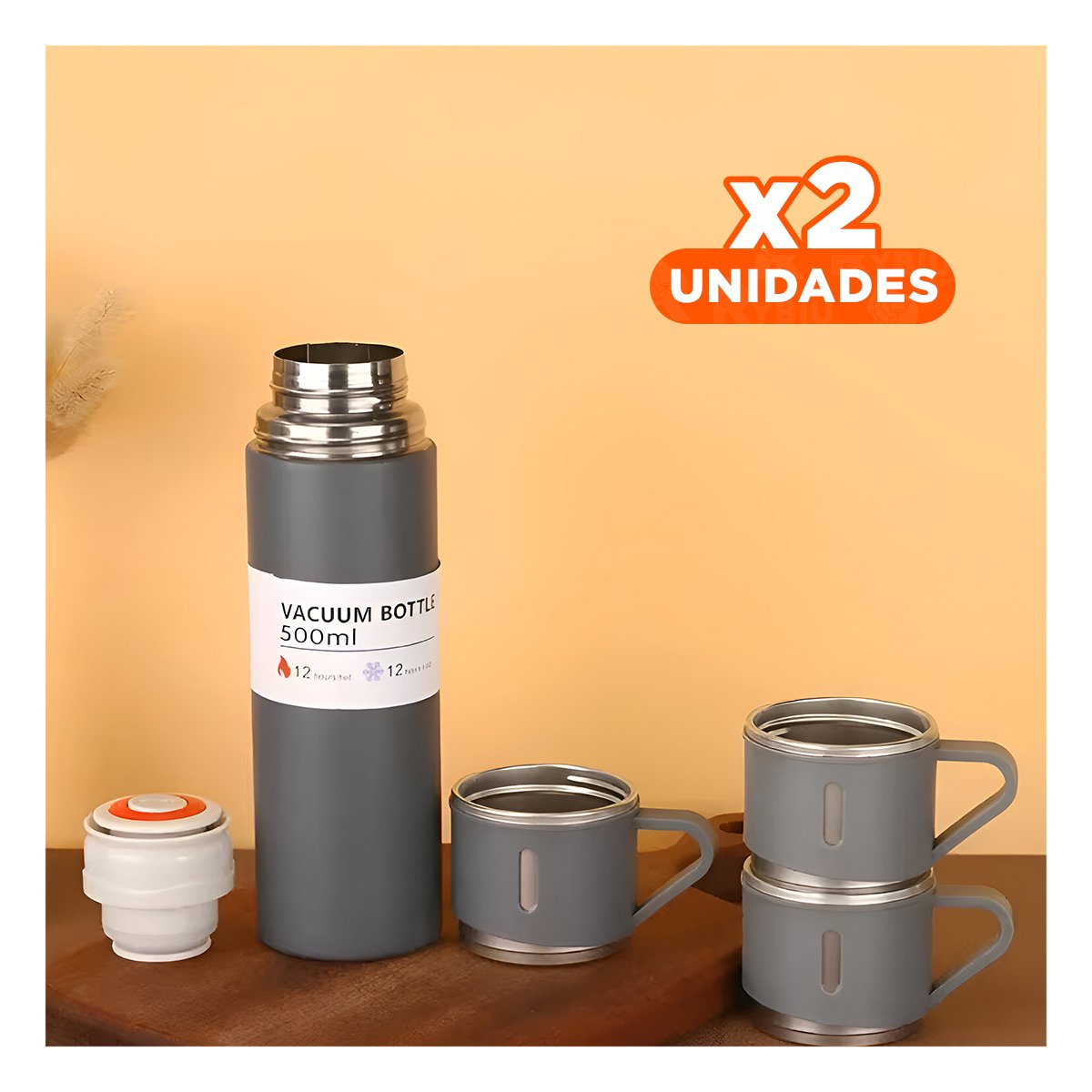 PACK2 TERMO MODERNO CON DOS TAZAS PARA BEBIDAS CALIENTES PLOMO Y+REGALO STICKER - 1