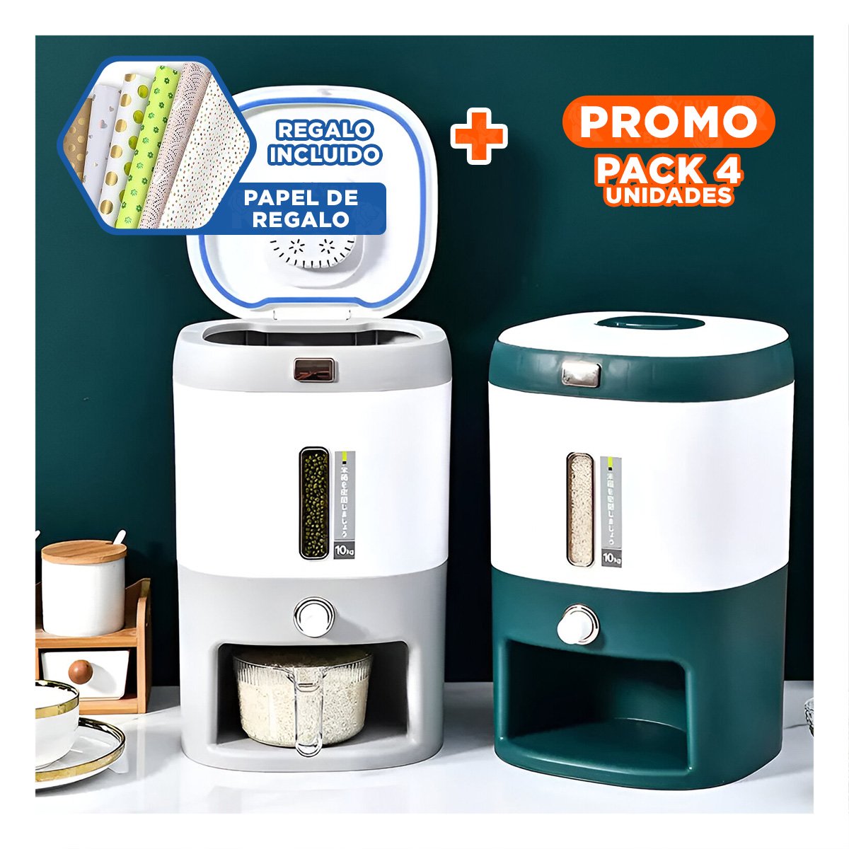 PACK4 DESPACHADOR SEGURO 10KG DE ARROZ Y MENESTRAS PLOMO CON BLANCO Y+PAPEL REGALO - 1