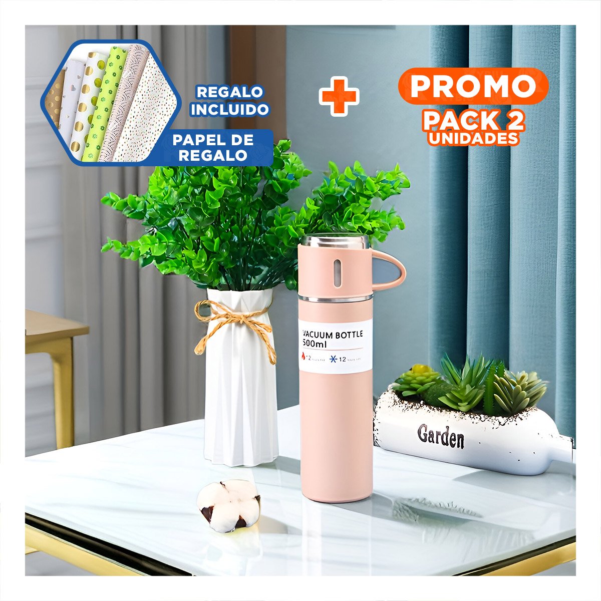 PACK2 RECIPIENTE DE VIAJE CON DOS TAZAS PARA CAFE ROSADO Y+PAPEL REGALO - 1