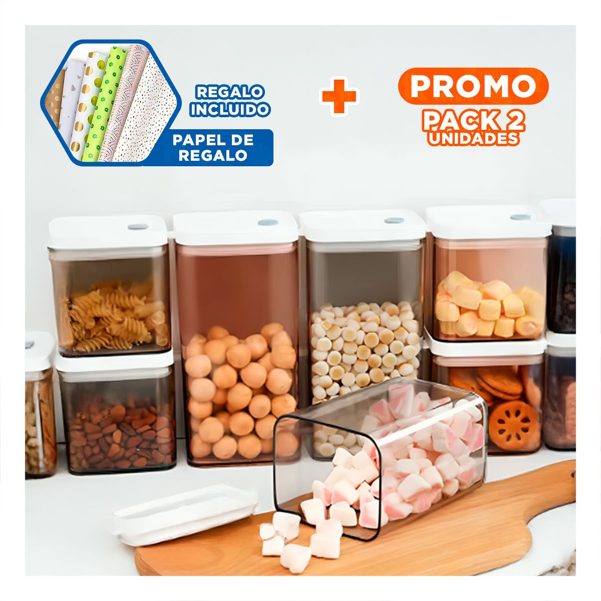 PACK2 BOTE ACRILICO MANTENER GRANOS FRESCOS TAPA BLANCA PUNTO PLOMO 1500ML Y+PAPEL REGALO - 1