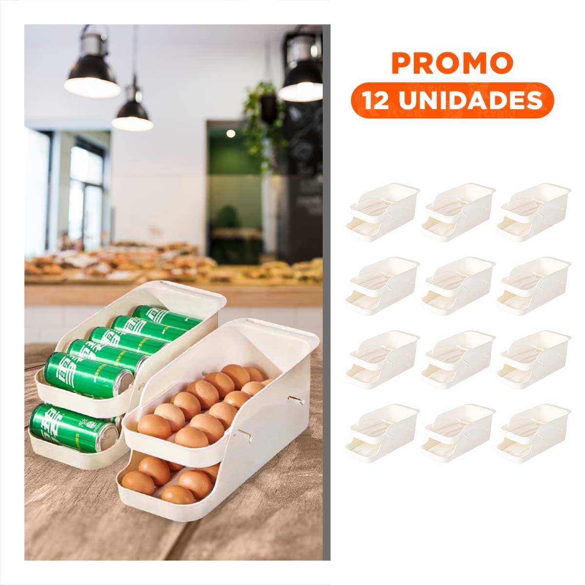 PACK12 PORTA HUEVOS Y LATAS BLANCO 2 NIVELES MODERNO Y+REGALO STICKER - 1