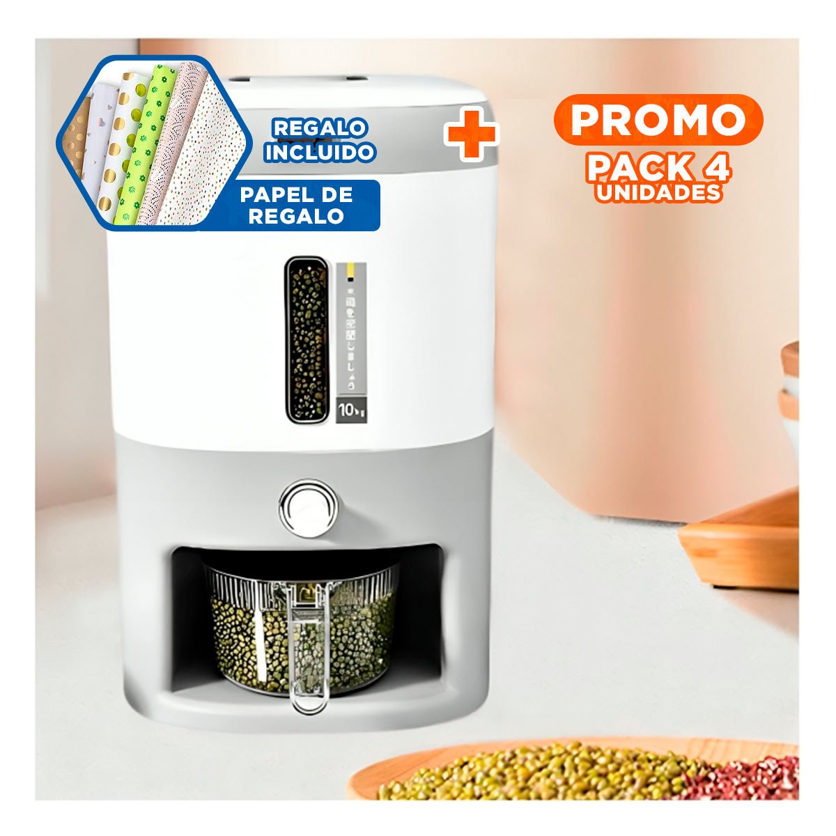 PACK4 DEPOSITO VERTICAL DE ARROZ Y CEREALES CON ACABADO PLOMO Y+PAPEL REGALO - 1
