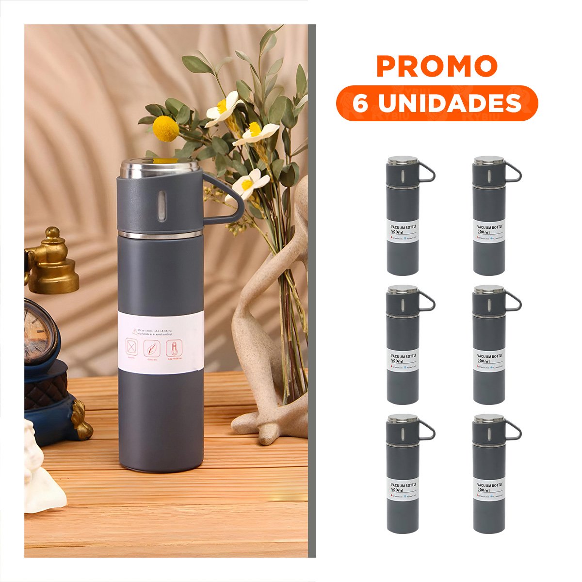 PACK6 FRASCO MODERNO INDIVIDUAL CON DOS TAZAS PARA TRABAJO PLOMO - 1