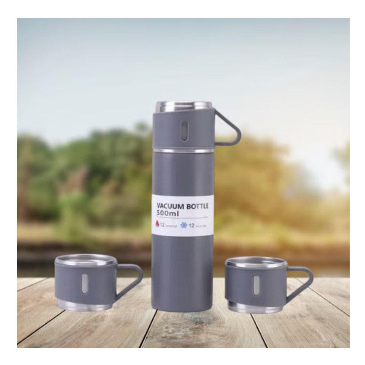 PACK6 FRASCO MODERNO INDIVIDUAL CON DOS TAZAS PARA TRABAJO PLOMO - 5