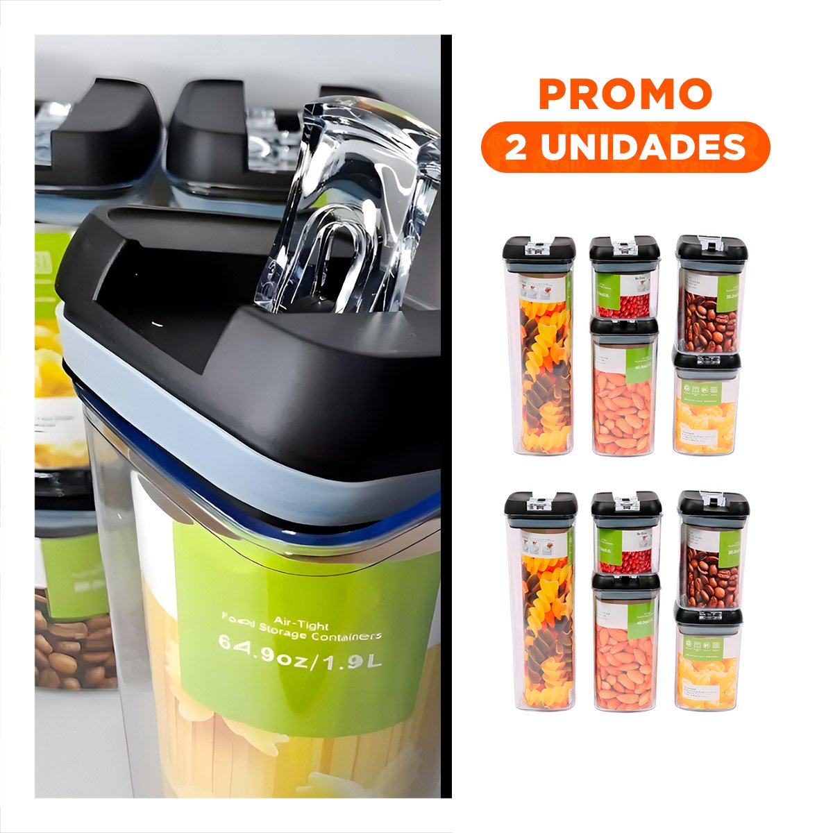 PACK2 BOTES DE ALIMENTOS ACRILICOS CON TAPA PALANCA NEGRA TRANSPARENTE SET 5 - 1