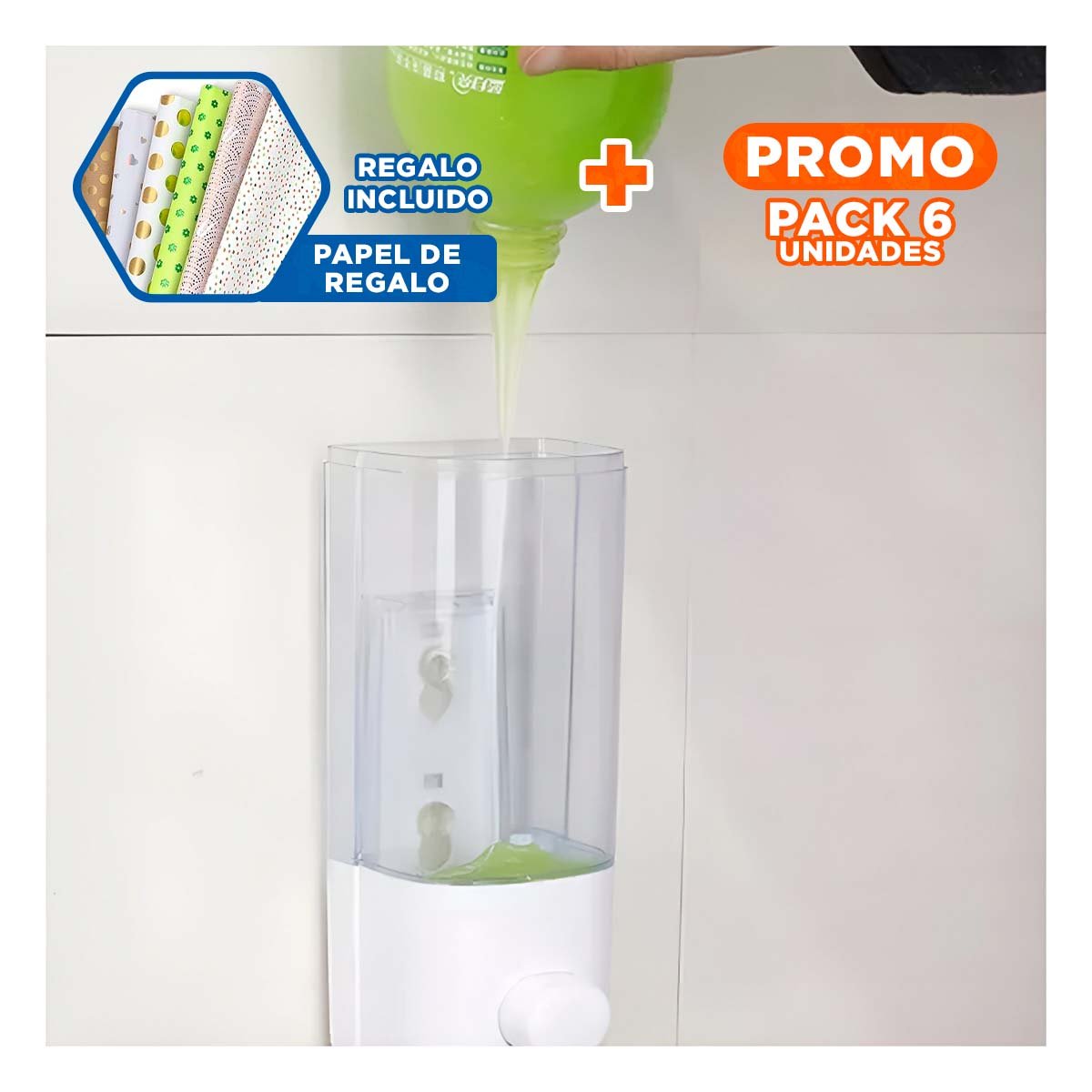PACK6 SOPORTE DISPENSADOR 450 ML BLANCO PARA BANO Y COCINA Y+PAPEL REGALO - 1