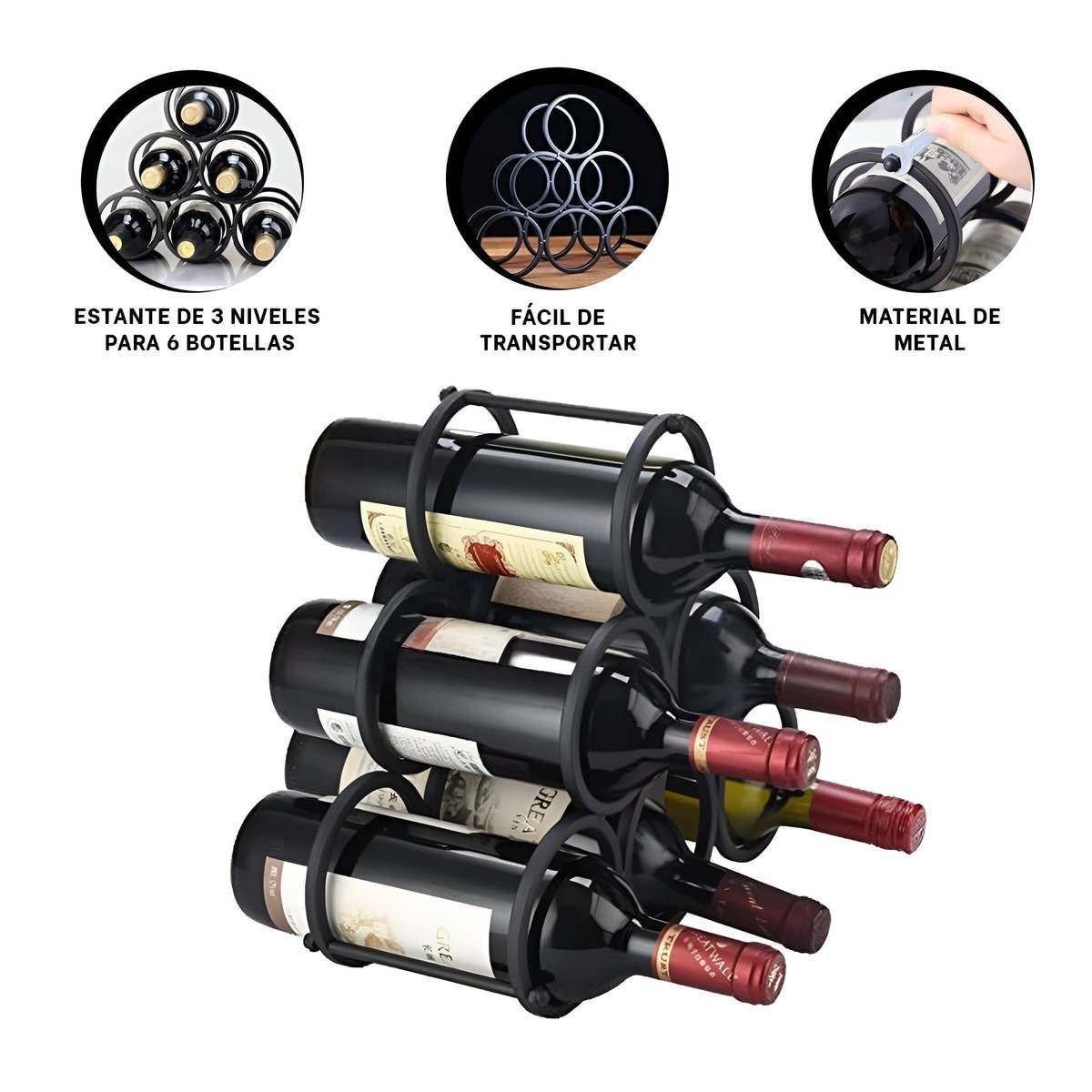 ORGANIZADOR METALICO PARA 6 BOTELLAS Y VINOS NEGRO - 3