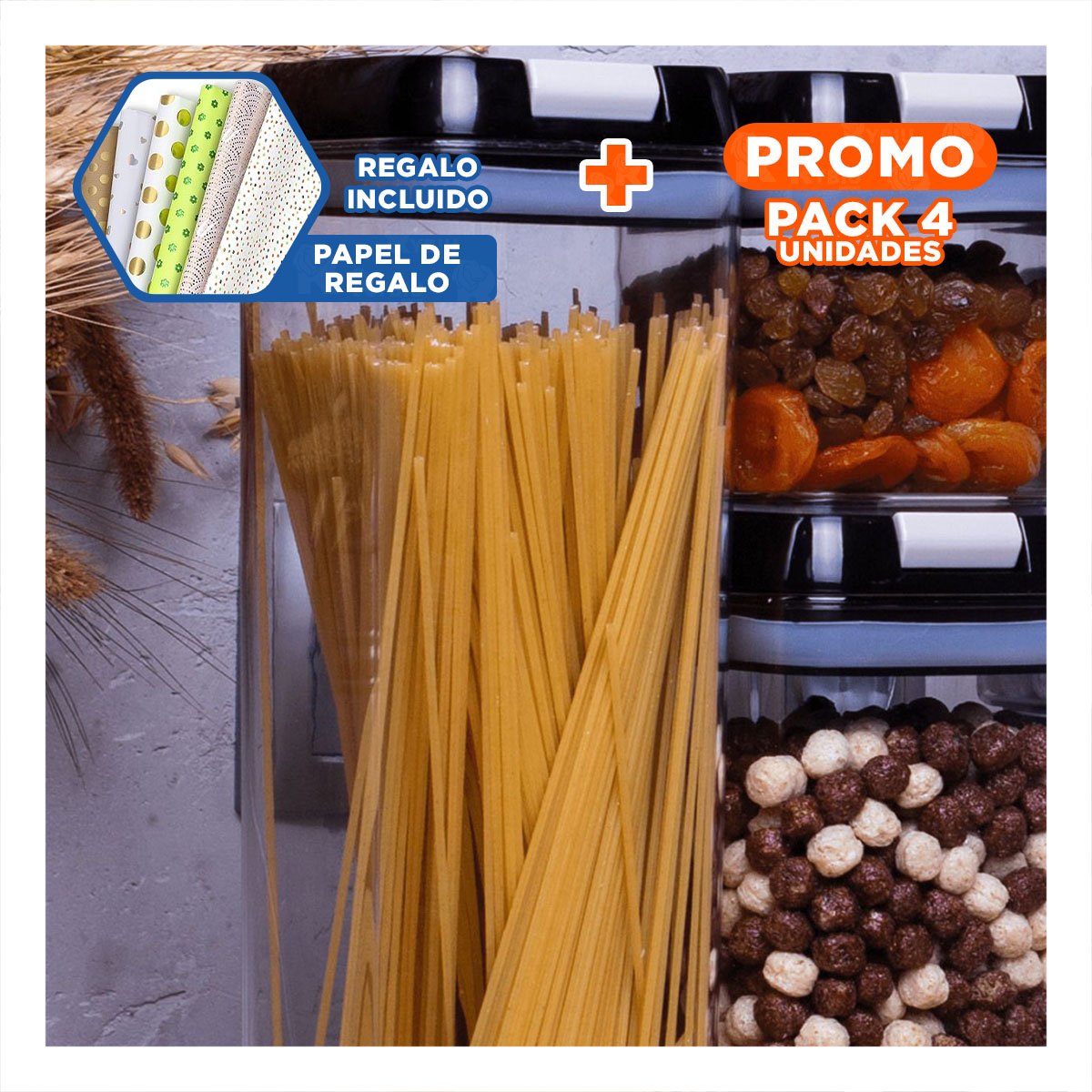 PACK4 BOTE ACRILICO PARA CEREALES Y SNACKS TAPA PALANCA NEGRO 1900ML Y+PAPEL REGALO - 1