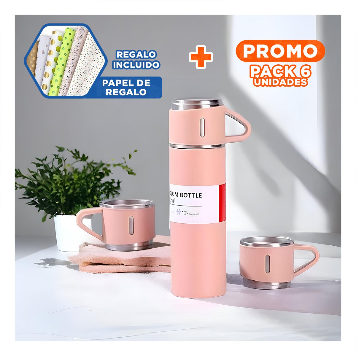 PACK6 CONTENEDOR MODERNO CON DOS TAZAS PARA USO DIARIO ROSADO Y+PAPEL REGALO - 1