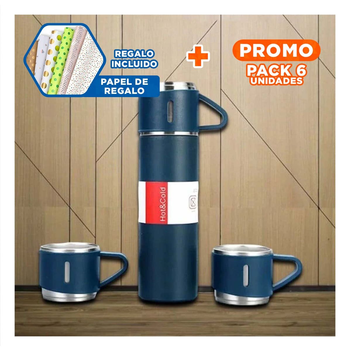 PACK6 FRASCO TERMICO SEGURO CON DOS TAZAS PARA HOGAR AZUL Y+PAPEL REGALO - 1