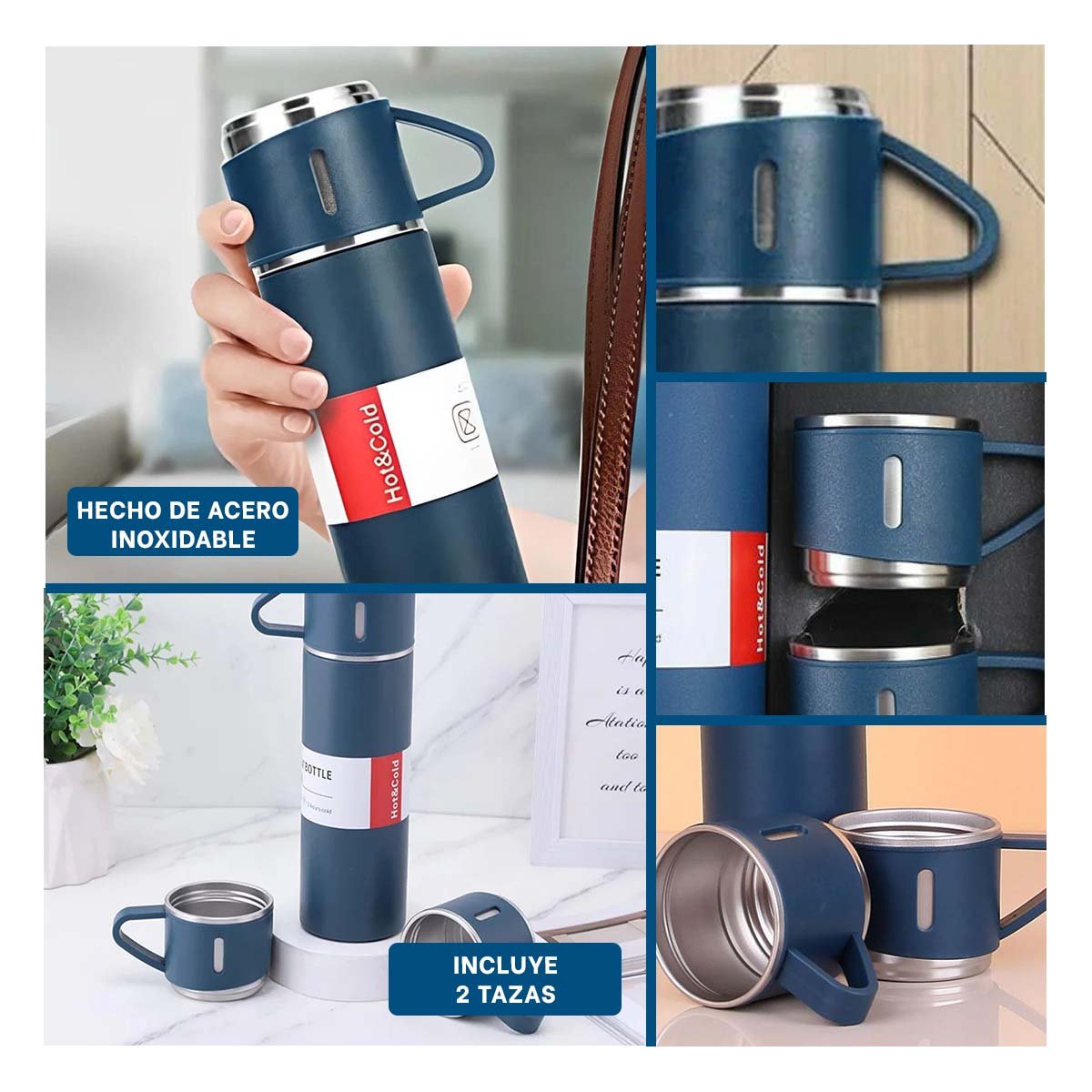 PACK6 FRASCO TERMICO SEGURO CON DOS TAZAS PARA HOGAR AZUL Y+PAPEL REGALO - 3
