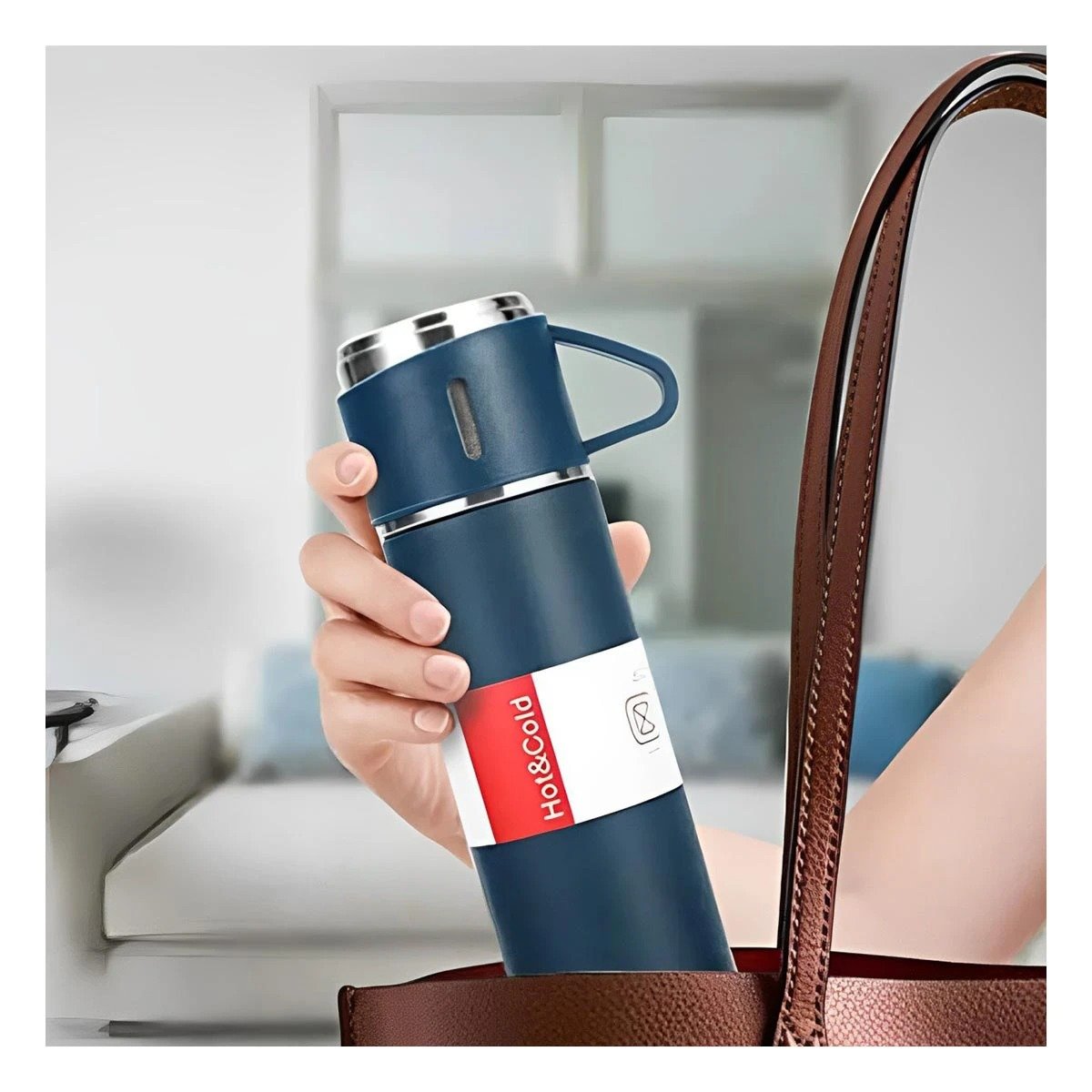 PACK6 FRASCO TERMICO SEGURO CON DOS TAZAS PARA HOGAR AZUL Y+PAPEL REGALO - 5