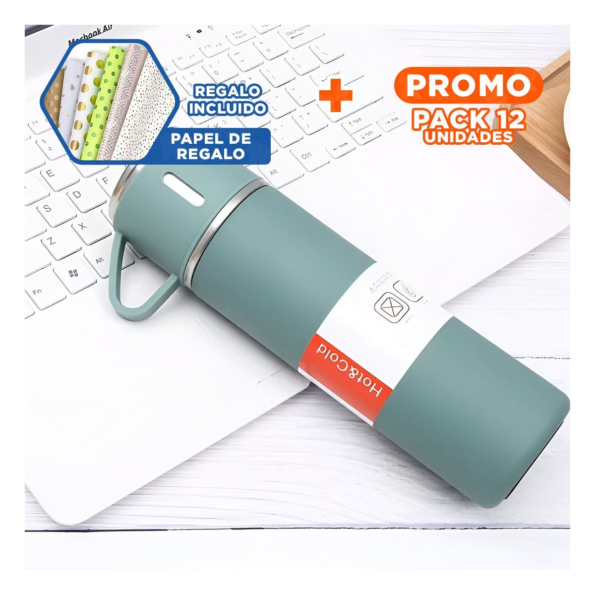PACK12 TERMO PRACTICO CON DOS TAZAS PARA BEBIDAS CALIENTES VERDE Y+PAPEL REGALO - 1