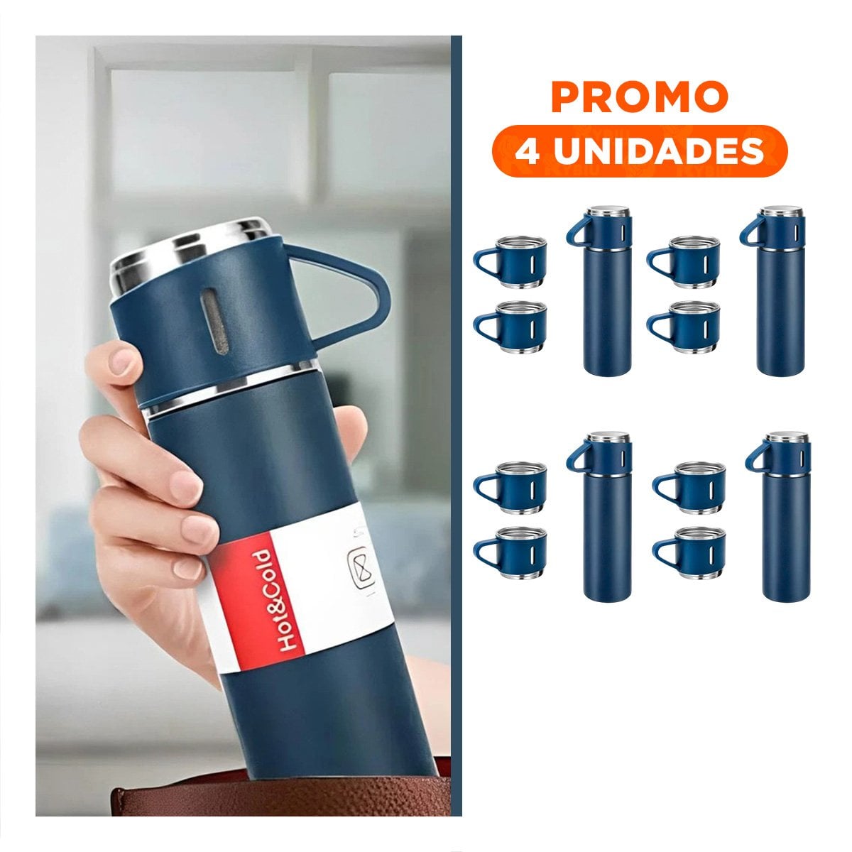 PACK4 CANTIMPLORA TERMICA SEGURA CON DOS TAZAS PARA VIAJES AZUL Y+REGALO STICKER - 1
