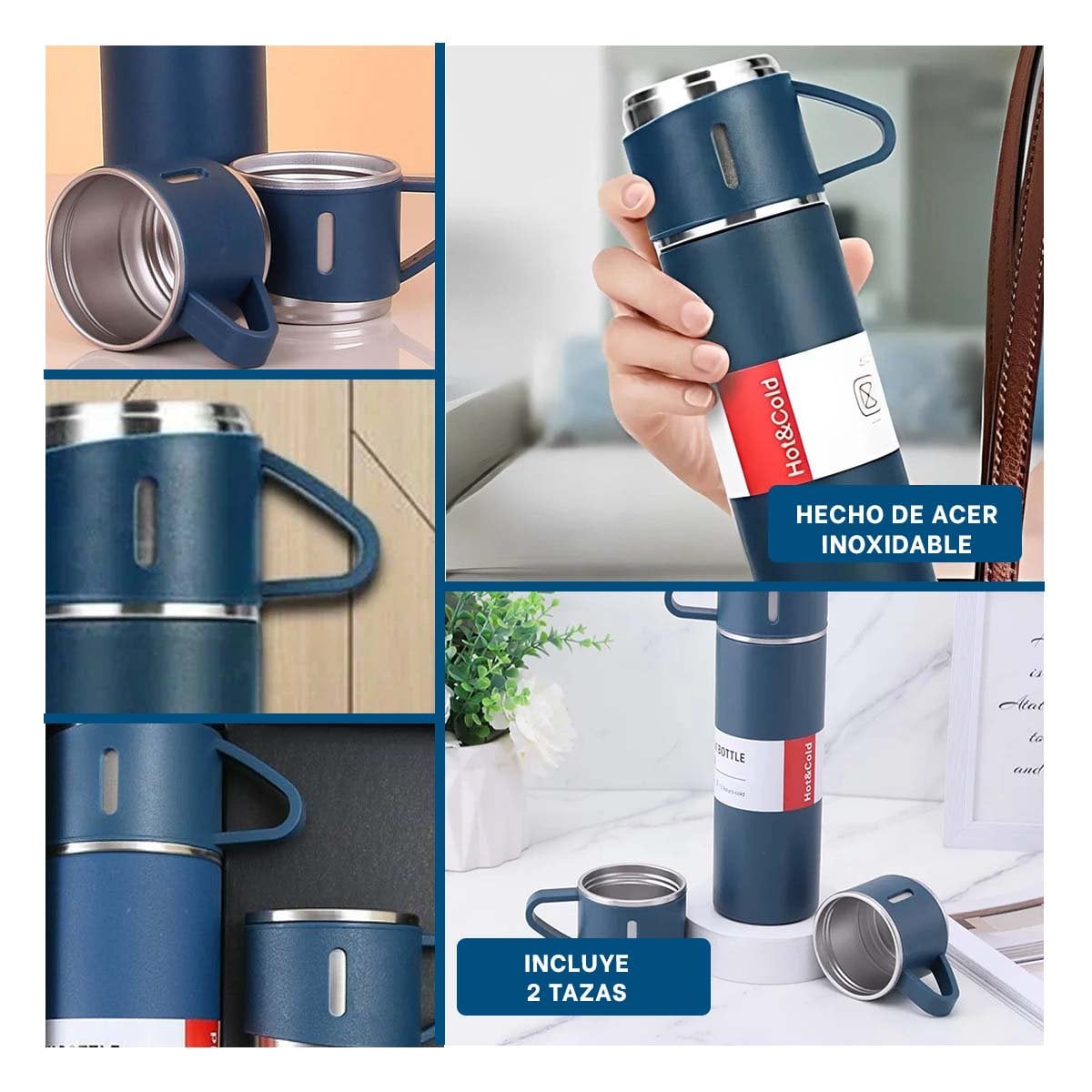 PACK4 CANTIMPLORA TERMICA SEGURA CON DOS TAZAS PARA VIAJES AZUL Y+REGALO STICKER - 2