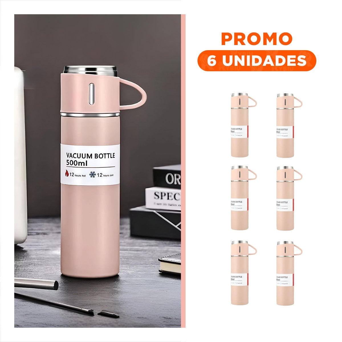 PACK6 FRASCO MODERNO INDIVIDUAL CON DOS TAZAS PARA TRABAJO ROSADO - 1