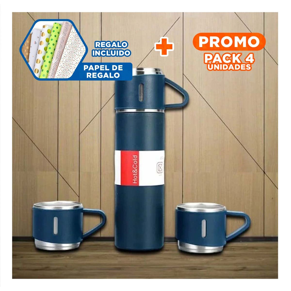 PACK4 BOTELLA TERMICA SEGURA CON DOS TAZAS PARA OFICINA AZUL Y+PAPEL REGALO - 1