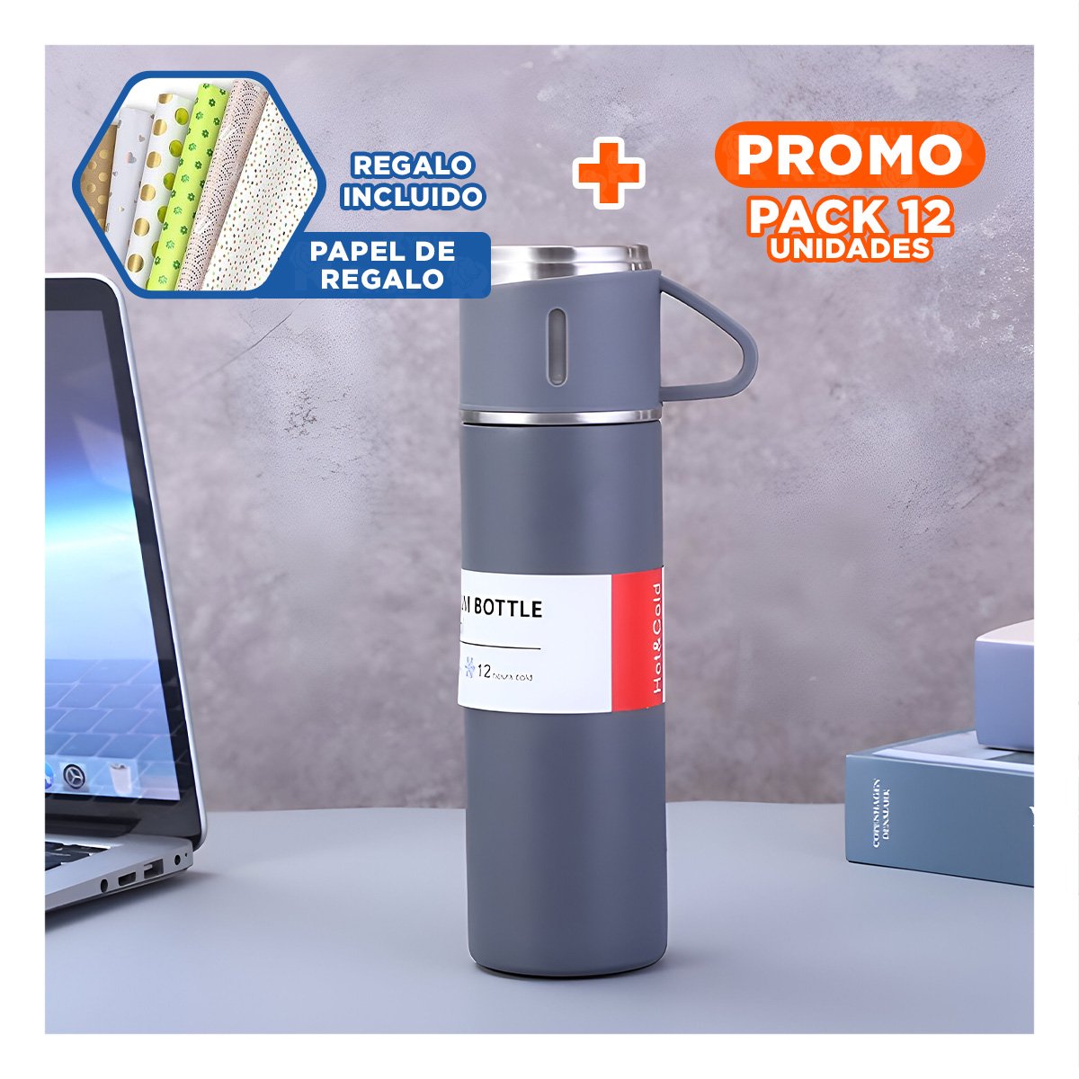 PACK12 TERMO PRACTICO CON DOS TAZAS PARA BEBIDAS CALIENTES PLOMO Y+PAPEL REGALO - 1